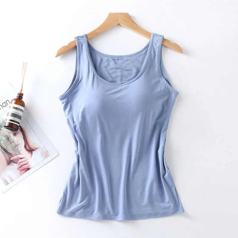 Women’s Padded Tank Top with Built In Bra Slim Fit Solid Color Vest