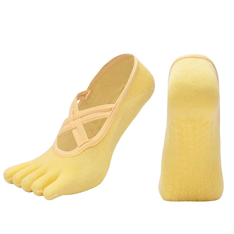 Women Anti Slip Pilates Five Toe Yoga Socks Silicone Grip Cotton Fitness Socks 1–4 Pairs
