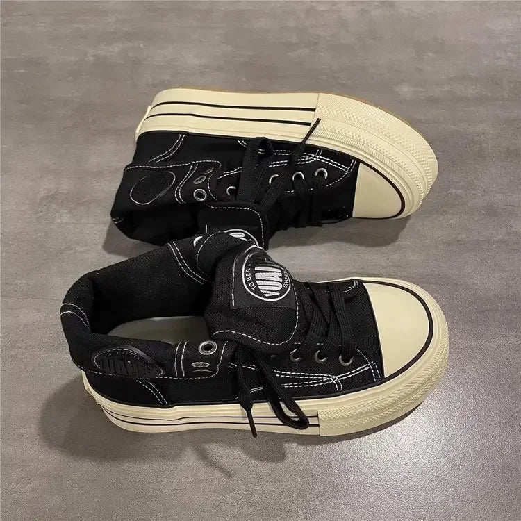 Women High Top Canvas Sneakers Platform Lace Up Thick Sole Height Increase Casual Shoes