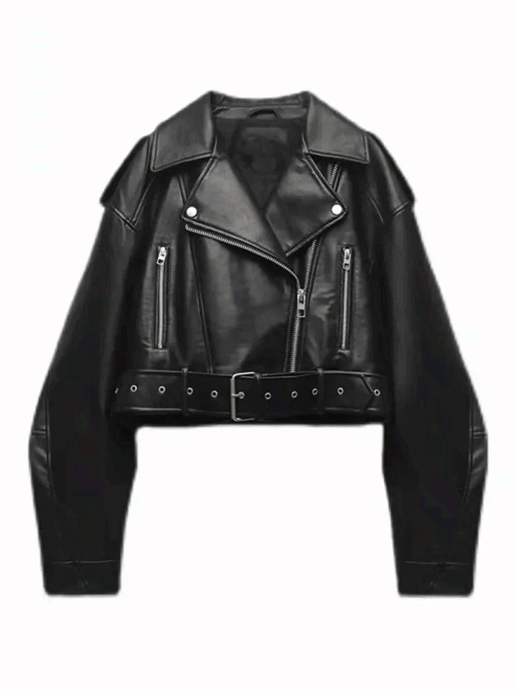 Women Oversized Faux Leather Jacket Belted Short Moto Biker Streetwear Coat