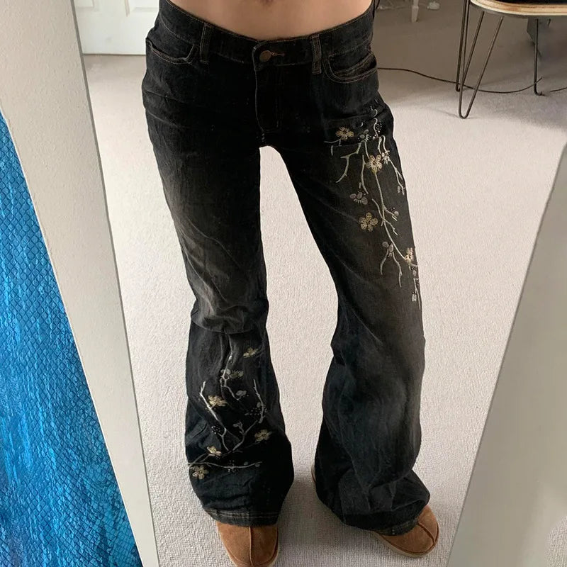 Y2K Floral Embroidery Flared Jeans Low Rise Baggy Denim Pants