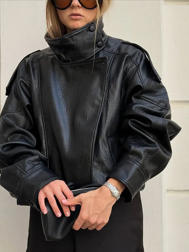 Women Faux Leather Zip Up Jacket Casual Long Sleeve PU Coat Streetwear