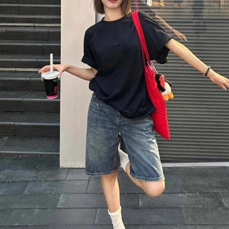 Women Denim Shorts High Waist Wide Leg Knee Length Casual Jeans Summer Fashion