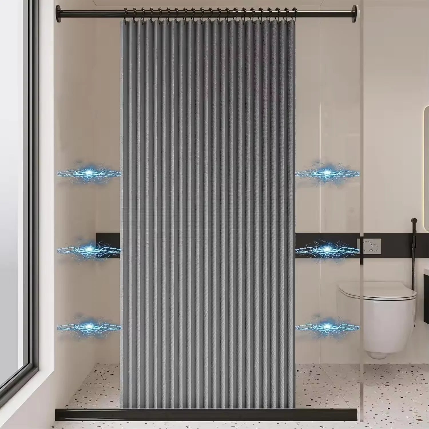 Magnetic Foldable Shower Curtain Linen Waterproof Walk In Bath Curtain