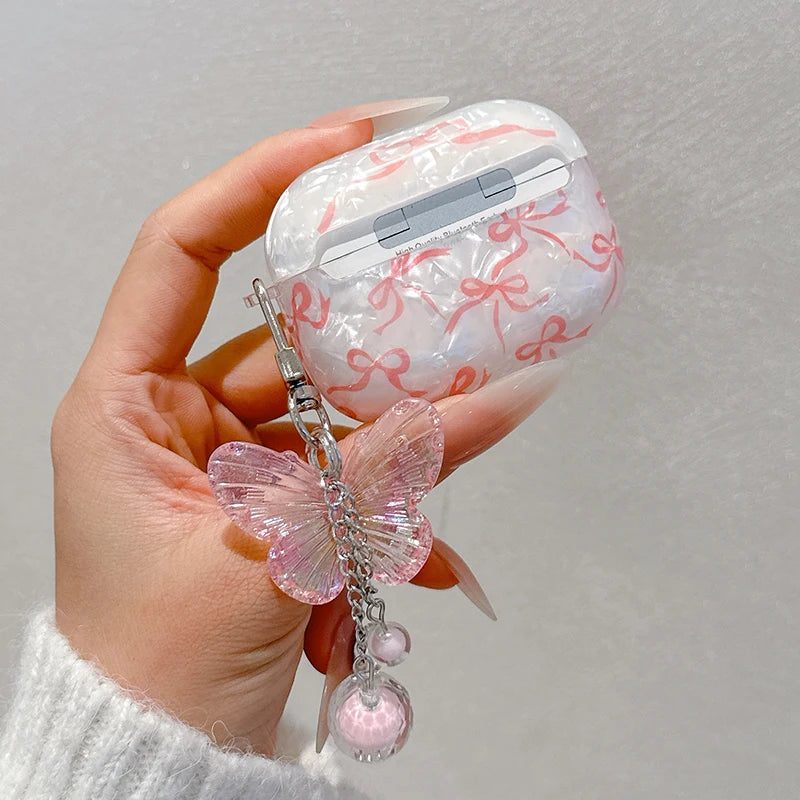 AirPods 1/2/3/4/Pro/Pro 2 Cute Bow Glitter Case with Butterfly Charm Keychain Protective Cover