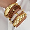 4pcs Resin Bangle Set Brown Vintage Elastic Bracelets for Women Gold Tone