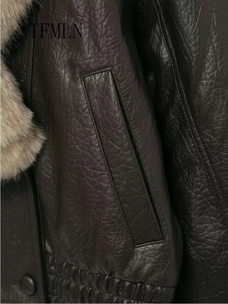 Women Faux Leather Winter Jacket Loose Fit Double Breasted Coat with Fur Collar