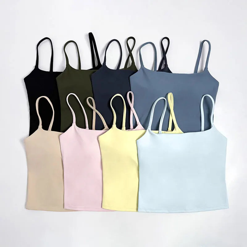 Women Built-in Bra Tank Top Seamless Square Neck Fitness Yoga Workout Top