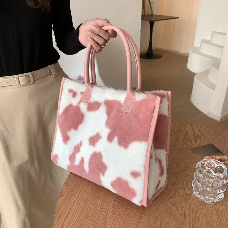 Leopard Faux Fur Tote Bag Soft Plush Shoulder Handbag