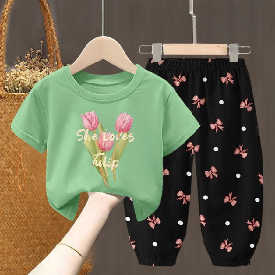 Toddler Girls Summer T-Shirt and Pants Set Cute Kids Two Piece Outfit