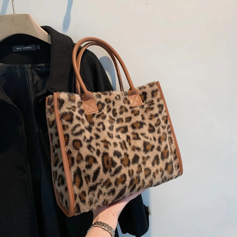 Leopard Faux Fur Tote Bag Soft Plush Shoulder Handbag