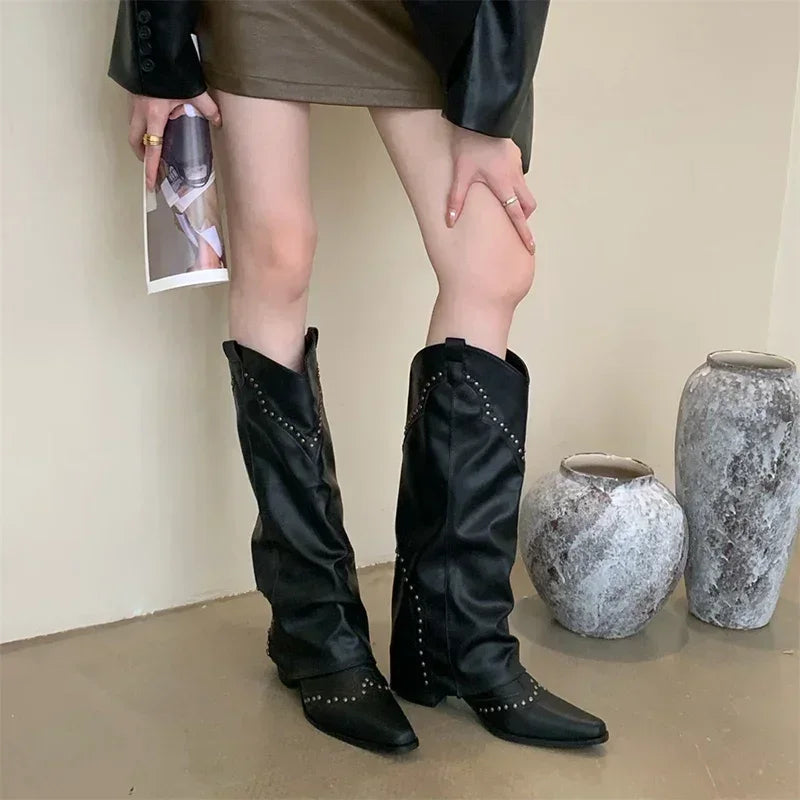 Women Cowgirl Boots Slip On Square Heel Long Pipe Retro Winter Boots