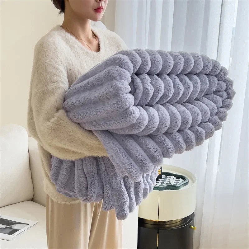 Rabbit Velvet Winter Blanket Thick Warm Flannel Solid Color Throw Blanket