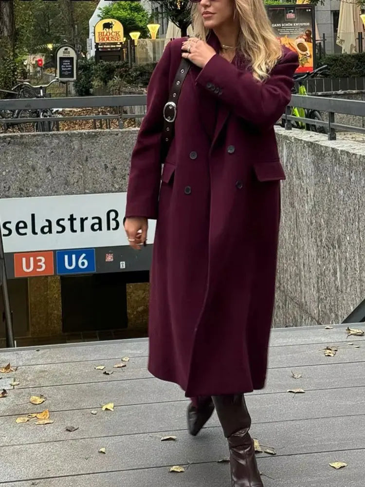 Women Burgundy Double Breasted Coat Elegant Winter Jacket