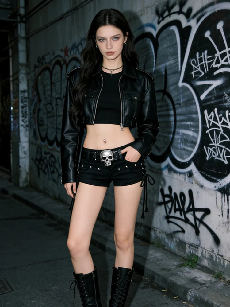 Women Gothic Low Waist Denim Shorts Y2K Style