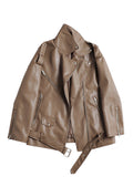 Women Black PU Leather Biker Jacket Belted Zipper Loose Fit Spring Autumn Coat