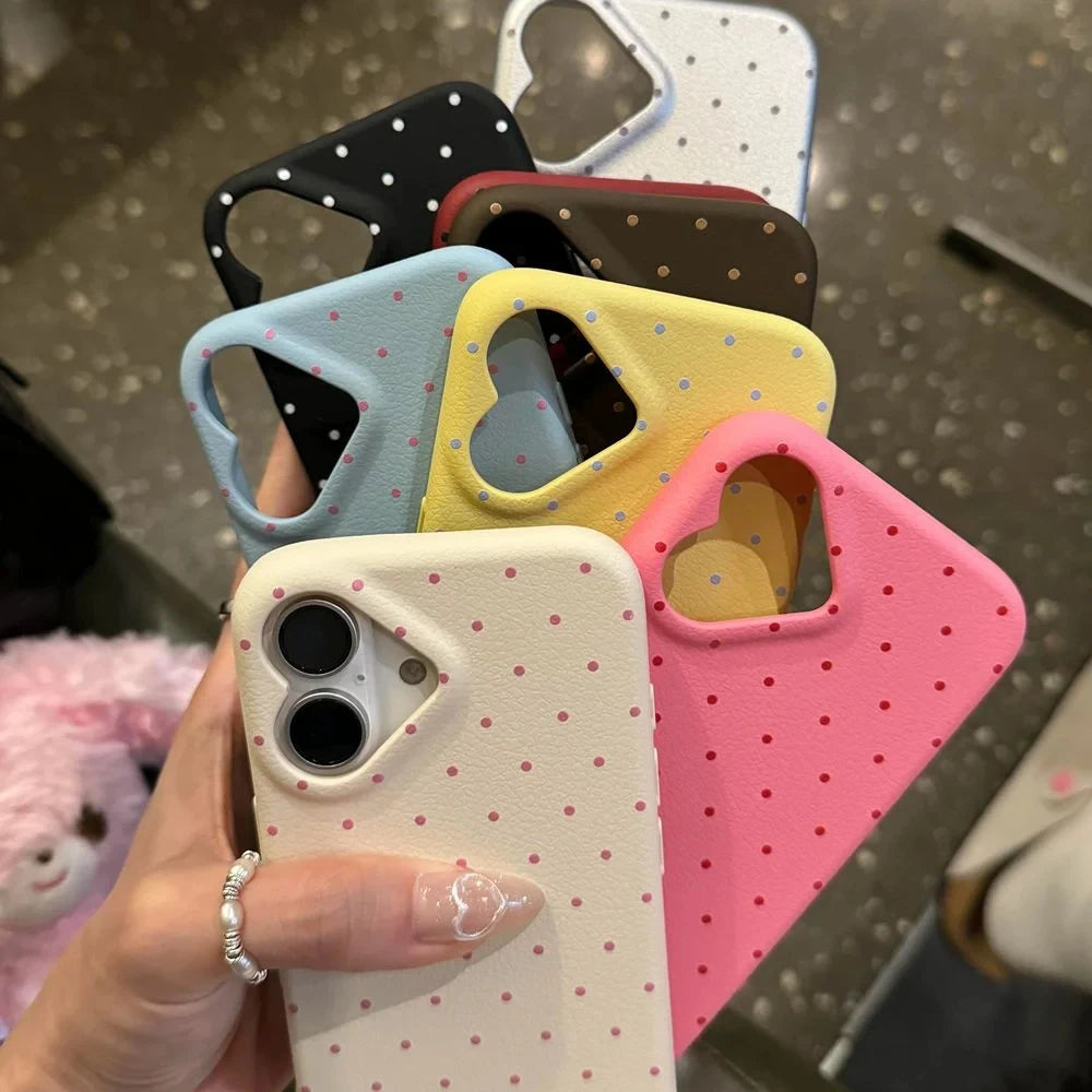 Korean Cute Heart Camera Dots Leather iPhone Case
