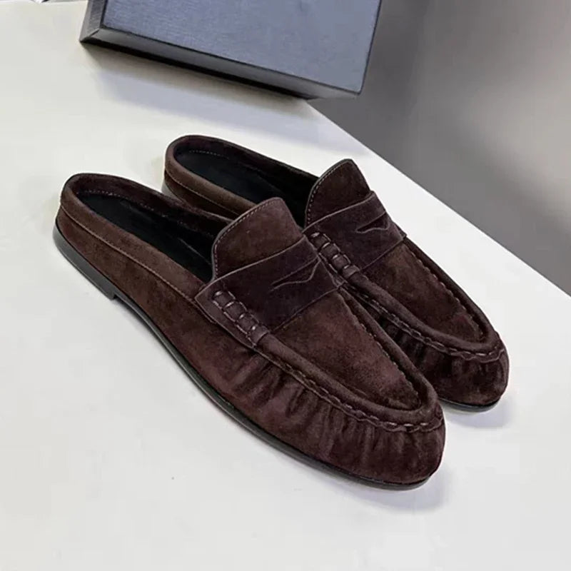 Women Leather Mules French Style Slip On Flat Slides Casual Plus Size 34-43 2026