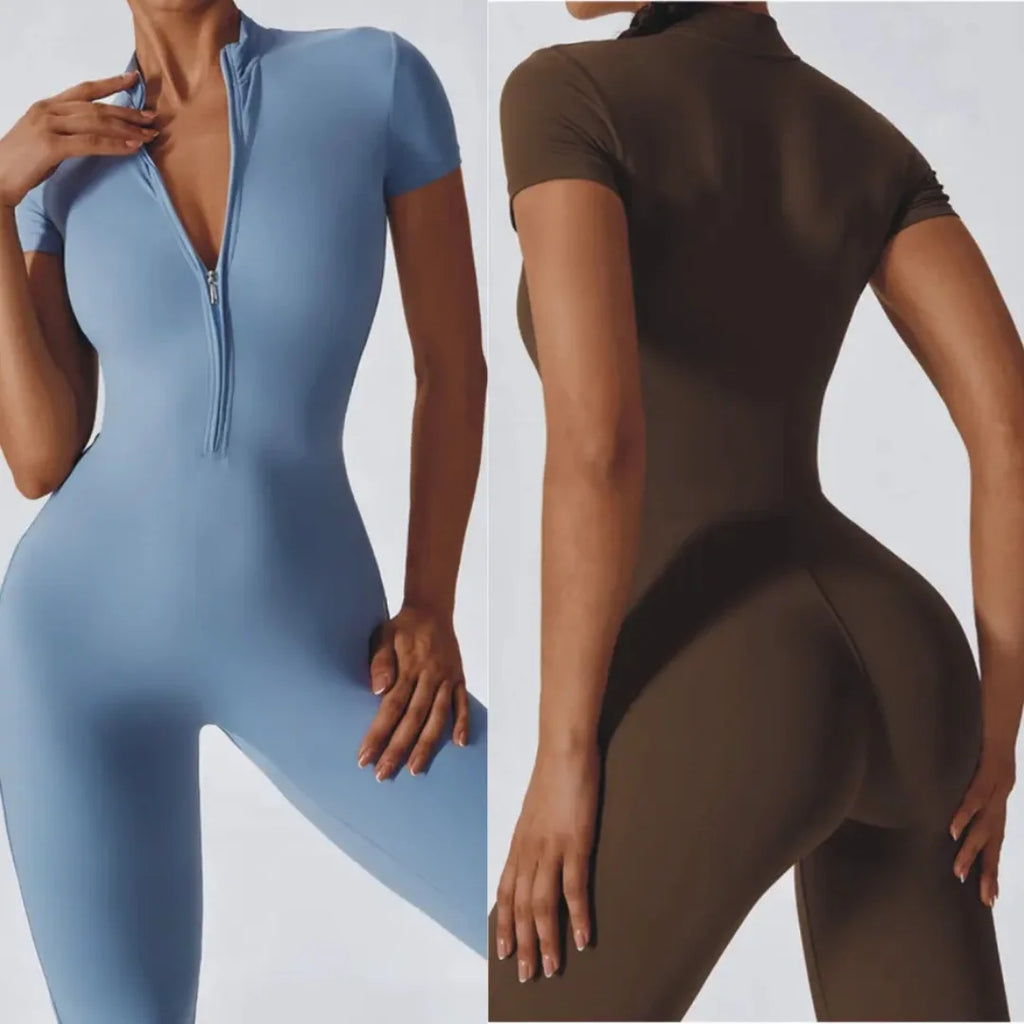 Women Zip Short Sleeve Yoga Jumpsuit Fitness Suit