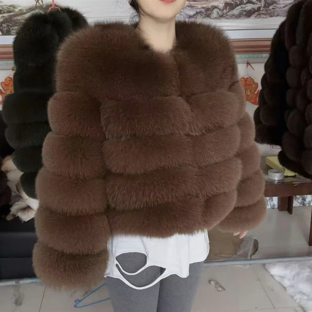 Women Real Fox Fur Winter Coat Brown Leather Jacket