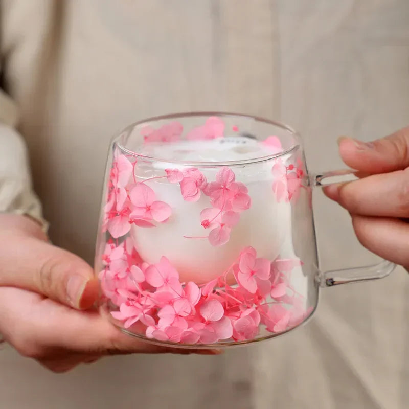 200ml Double Wall Flower Glass Mug with Handle for Coffee and Milk Tea