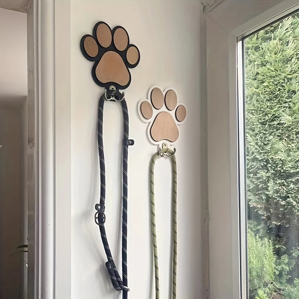 Wooden Dog Leash Holder Paw Print Wall Hook for Collars Coats Organizer