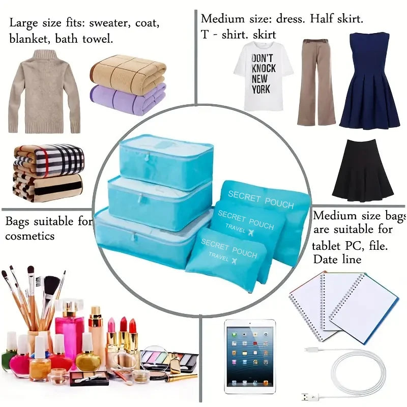 6pcs Travel Storage Bags Waterproof Packing Cubes Set Luggage Organizer Clothes Bags