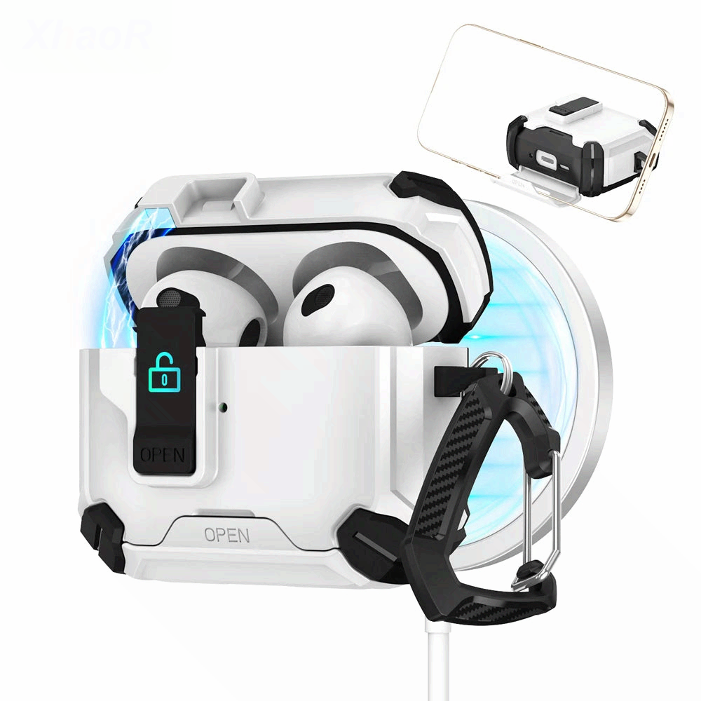 AirPods 4 / Pro 2 Magnetic Lock Case Shockproof Full Protection Cover with Clip Keychain