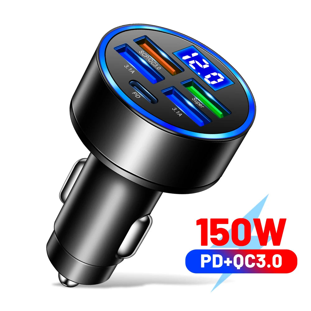 6-Port Fast Car Charger 250W – Multi USB PD & QC3.0 Cigarette Lighter Adapter with LED Display