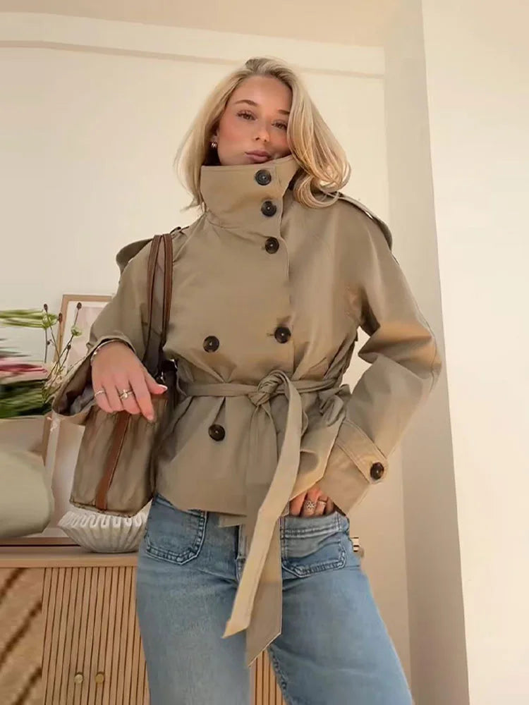Women Cropped Trench Coat Belted Double Breasted Stand Collar Jacket Vintage Chic Outerwear