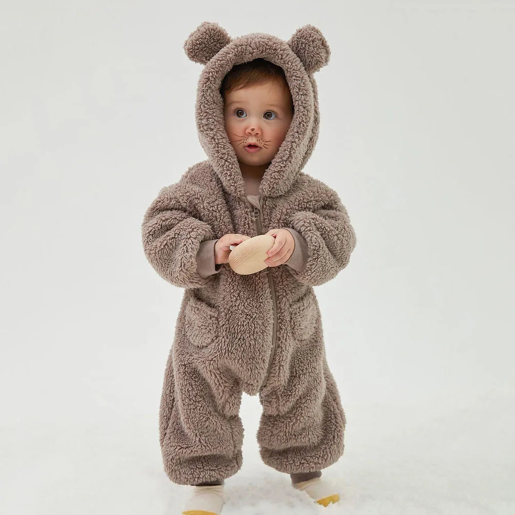 Baby Fleece Hooded Romper Warm Infant Jumpsuit