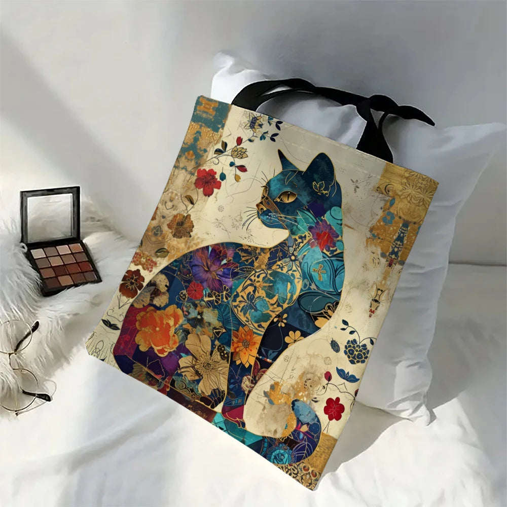 Floral Cat Canvas Tote Bag Aesthetic Lightweight School Shoulder Grocery Bag