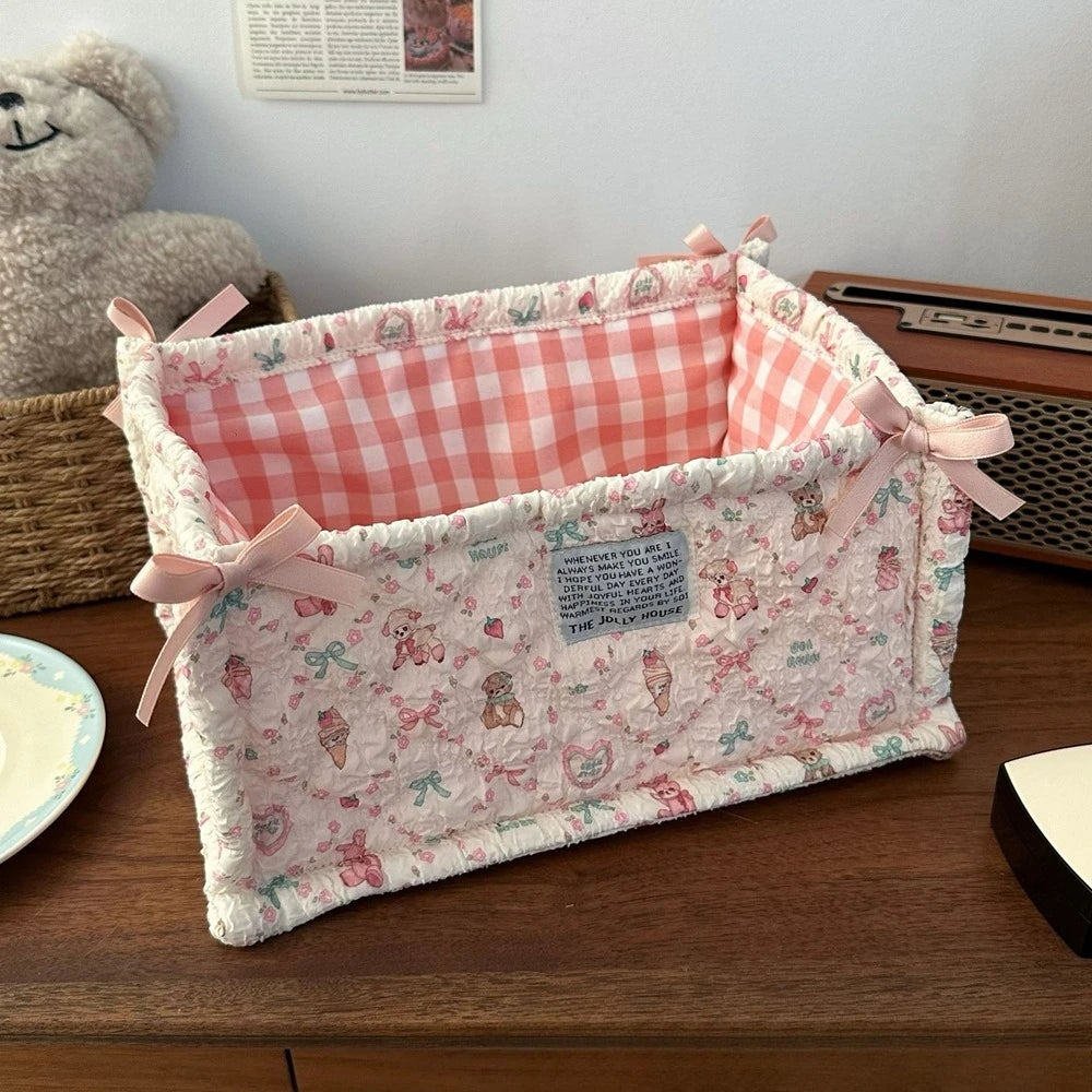 Lace Flower Quilted Square Storage Basket Desktop Organizer Home Decor Basket