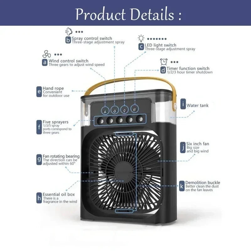 Portable Air Cooler with Humidifier – 3-in-1 Mini Cooling Fan with LED Night Light