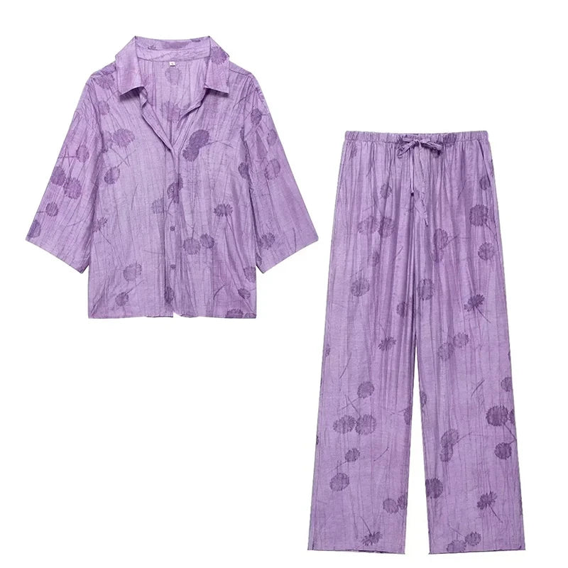 Women Jacquard Two Piece Set Loose Shirt and Casual Pants Chic Summer Outfit