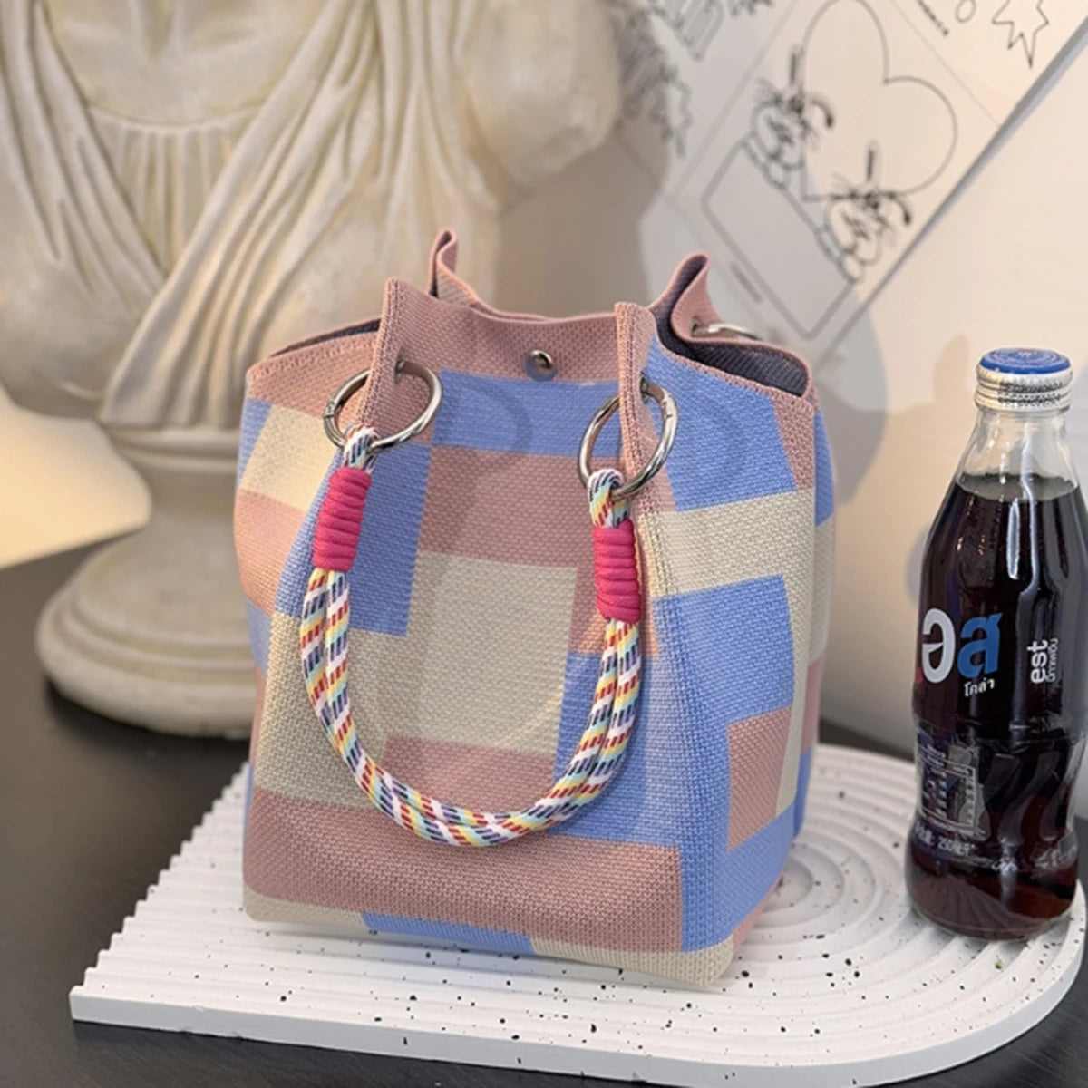 Multicolor Knit Bucket Bag Retro Color Block Handbag
