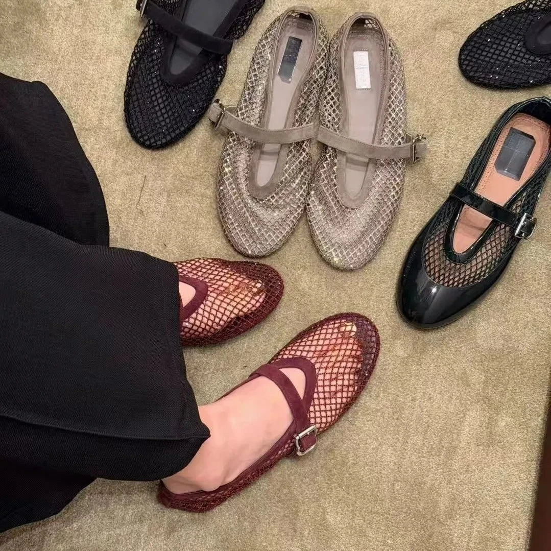 Women Fishnet Ballet Flats Mary Jane Shoes Spring 2026 Casual Flats