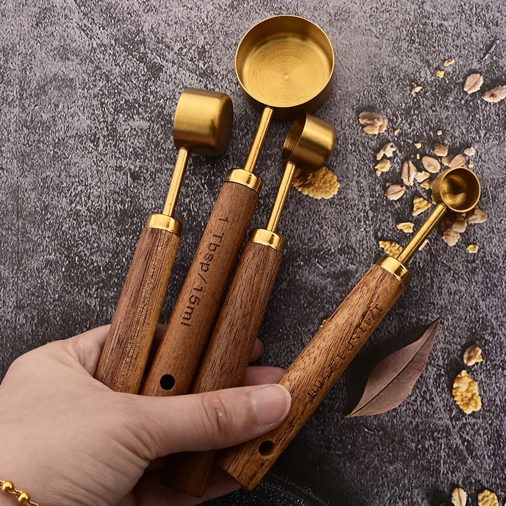 Stainless Steel Measuring Cups Spoons Set Wooden Handle Baking Coffee Tools