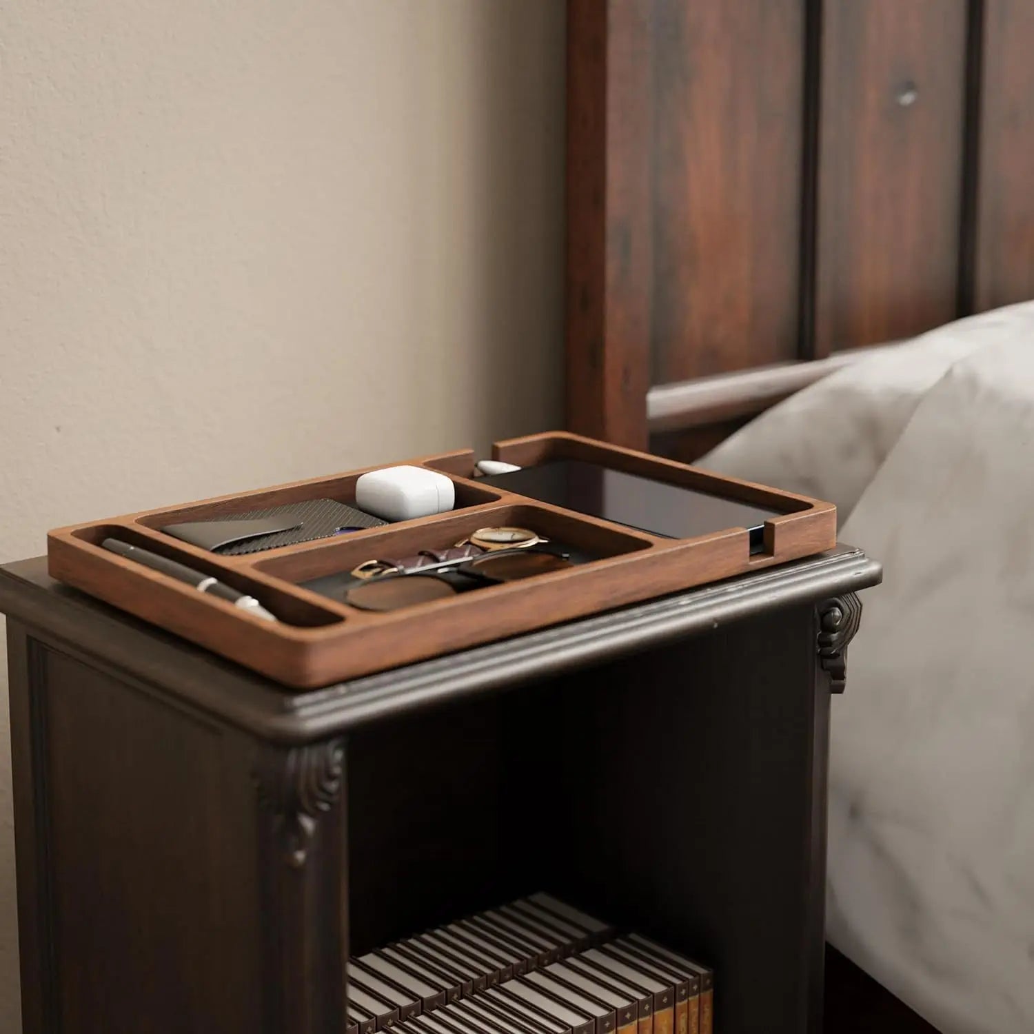 Wooden Desktop Storage Box Solid Wood Organizer Phone Headphone Tray Divider