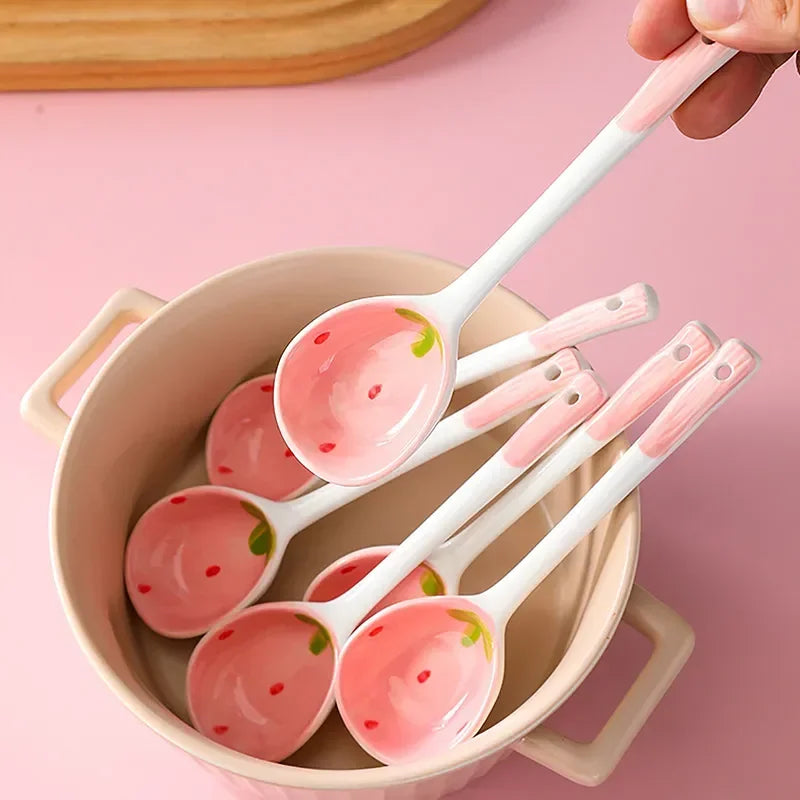 Kawaii Strawberry Ceramic Long Handle Spoon Kitchen Utensil