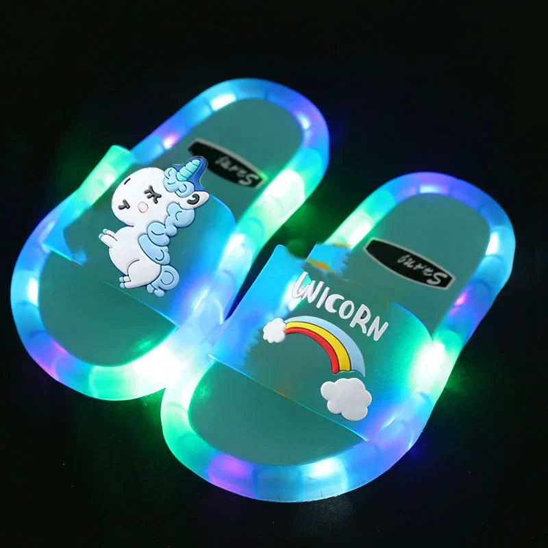 Kids LED Light Up Slippers Unicorn Cartoon Glowing Sandals Colorful Non Slip Children Slide Shoes