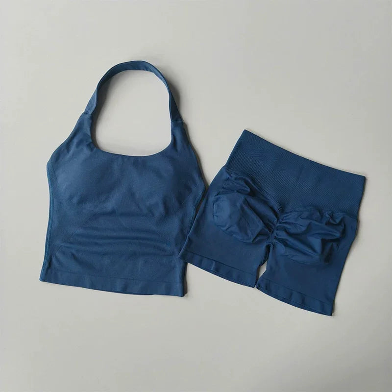 Seamless Yoga Set Women Halter Sports Bra High Waist Shorts Gym Workout Set