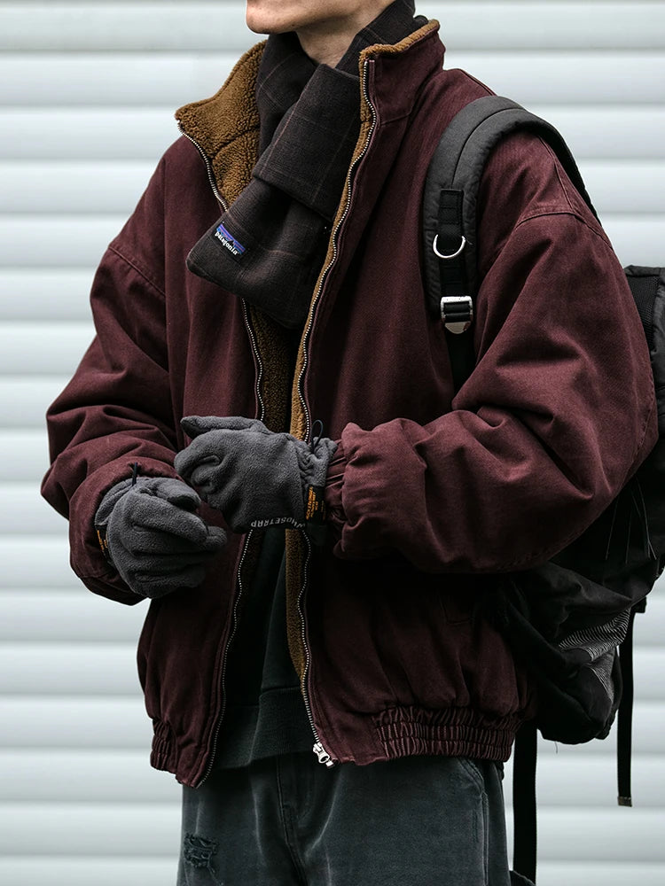 Men Vintage Polar Fleece Jacket Thick Winter Warm Loose Fit Streetwear Coat