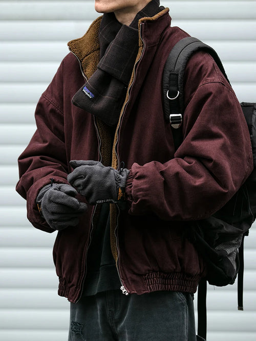 Men Vintage Polar Fleece Jacket Thick Winter Warm Loose Fit Streetwear Coat