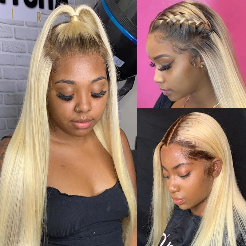 Ombre Blonde Straight Human Hair Wig – 1B/613 HD Lace Front Wig for Women