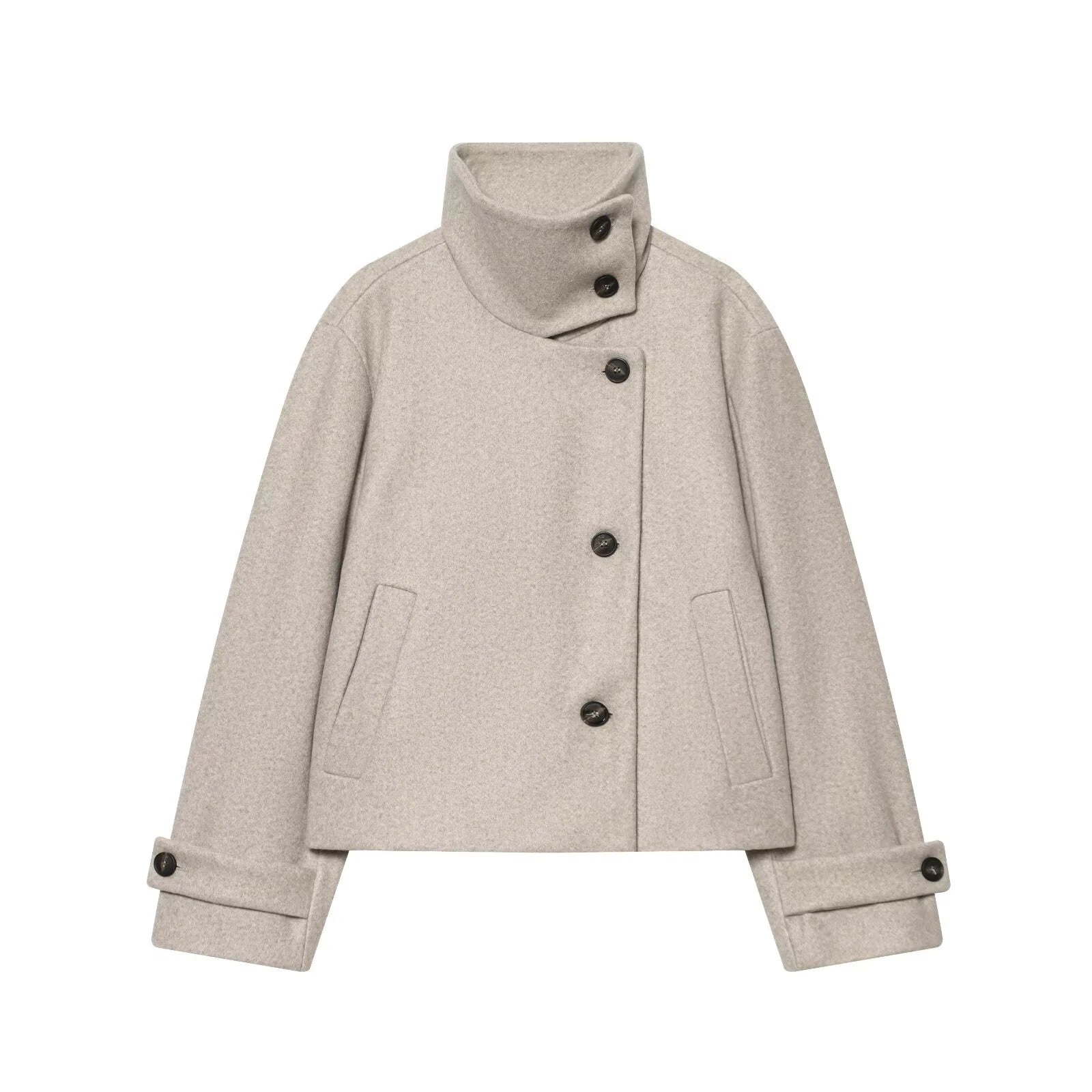 Women Loose Fit Stand Collar Coat Long Sleeve Buckle Casual Winter Jacket