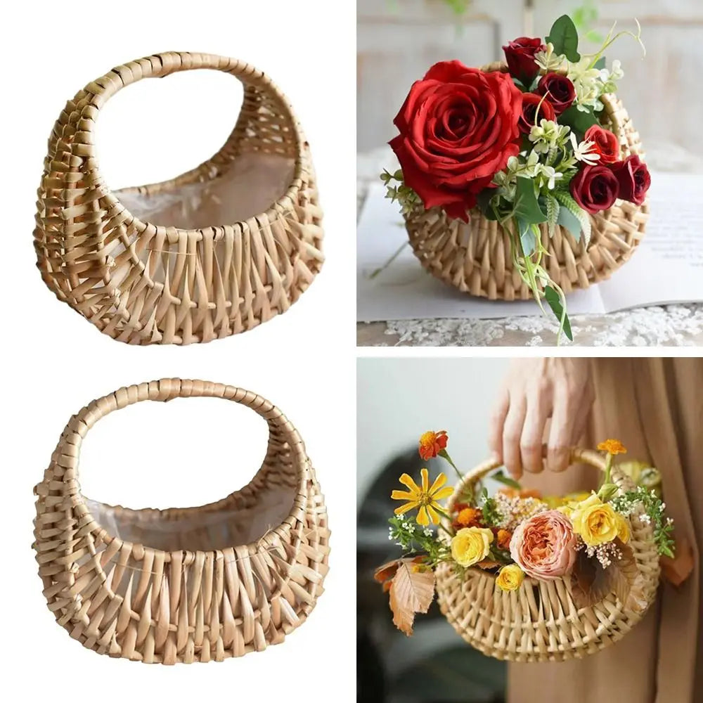 Willow Rattan Woven Basket Half Moon Picnic Flower Storage Basket