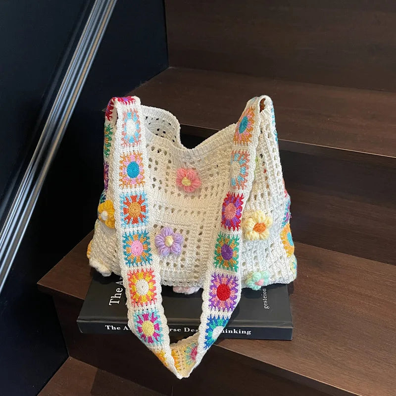 Women Boho Crochet Bag Knitted Floral Shoulder Tote Large Capacity Beach Woven Handbag