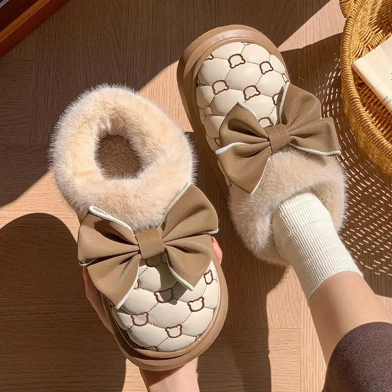Women Winter Platform Ankle Boots Fluffy Indoor Slippers Bow Warm House Shoes