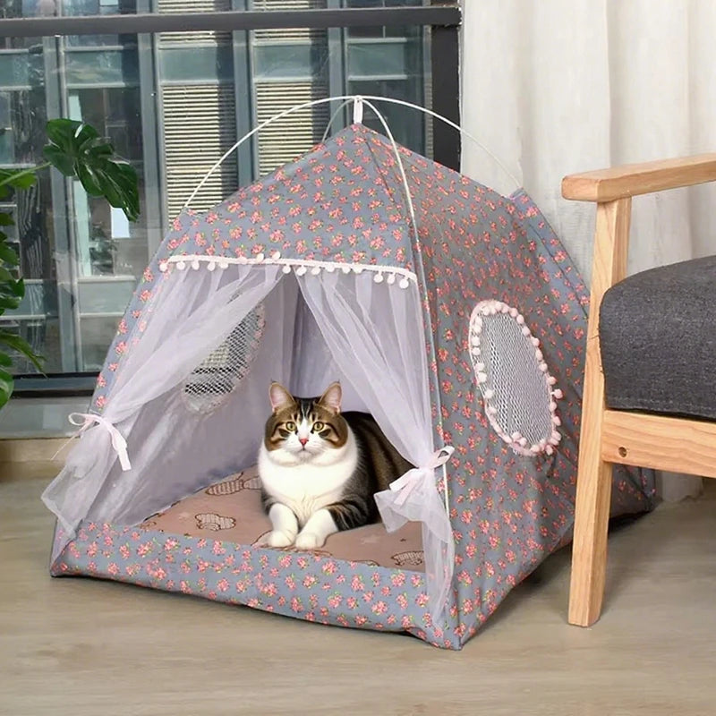 Floral Cat Tent Bed Semi Enclosed Pet Nest